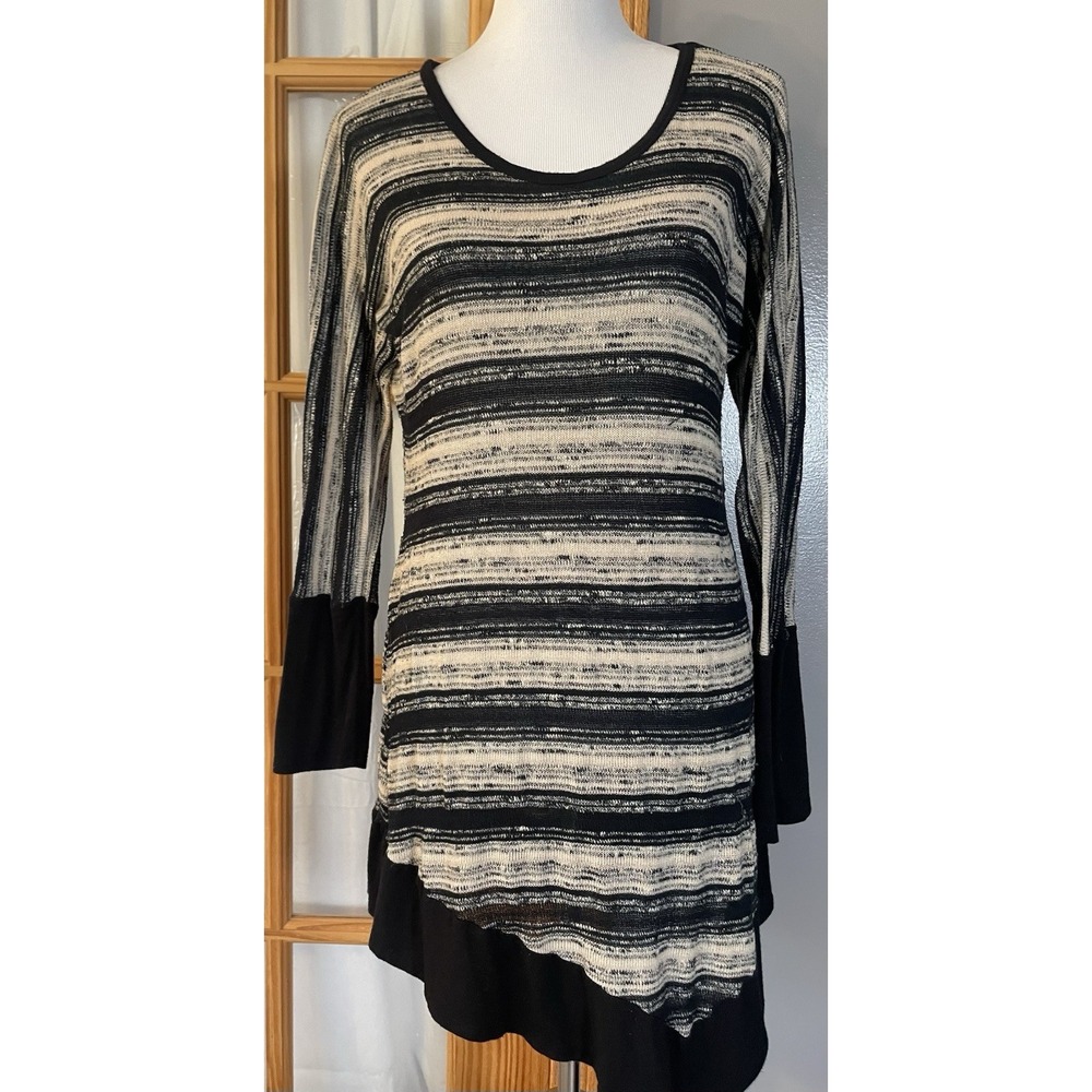 80s Striped Pullover Sweater Mini Dress Sz L Black Beige USA Made Preppy Classic